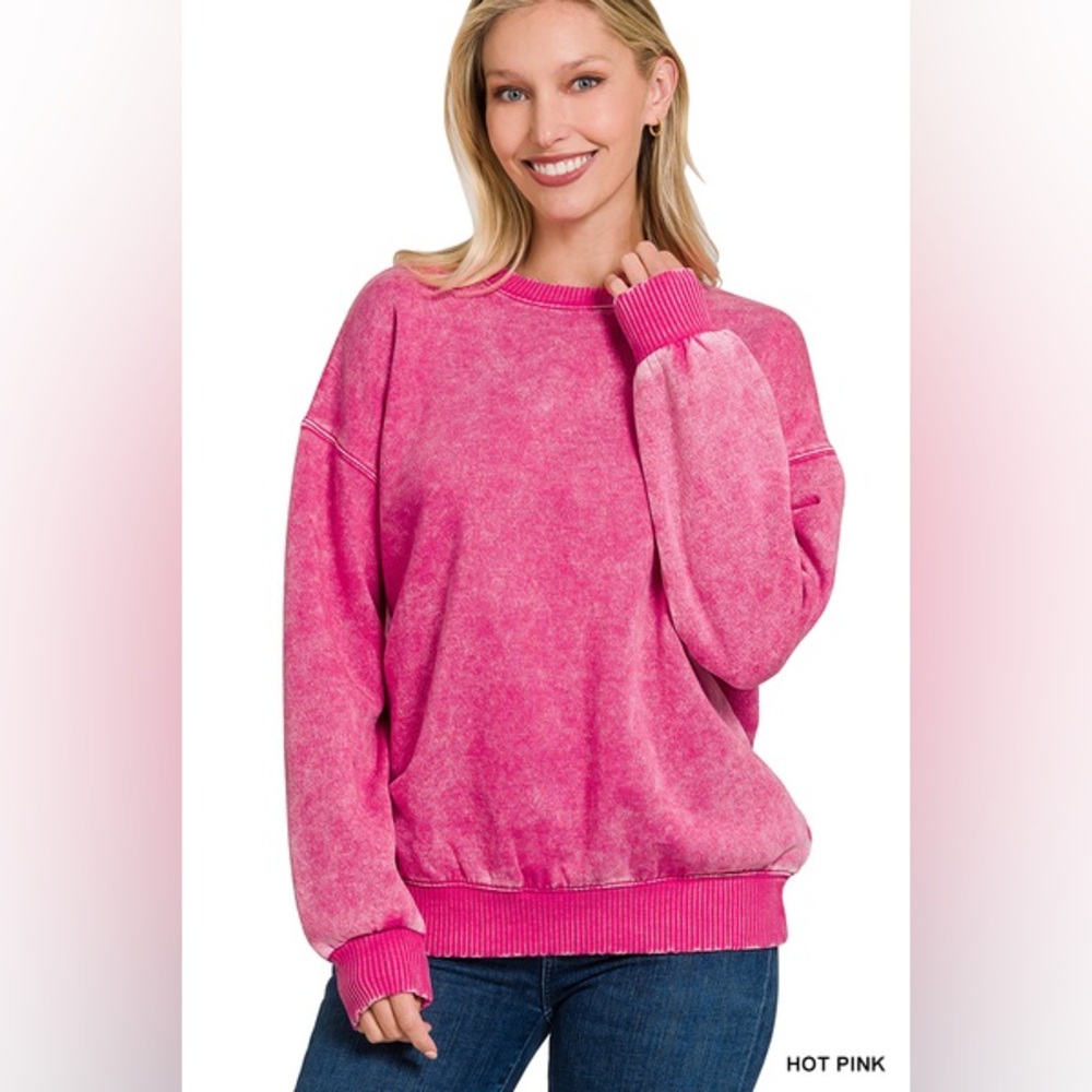 Z6 Zenana C3 Last 1! ACID WASH FLEECE OVERSIZED PULLOVER in light olive oil - Picture 2 of 3